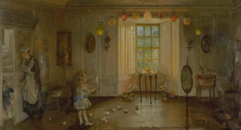A maid and a child in a beautiful Edwardian room festooned by lit lanterns.  Light is streaming through the window.