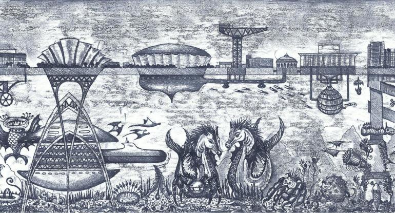 A black and white sketch of the River Clyde, with dragons, snakes, rockets, cranes etc