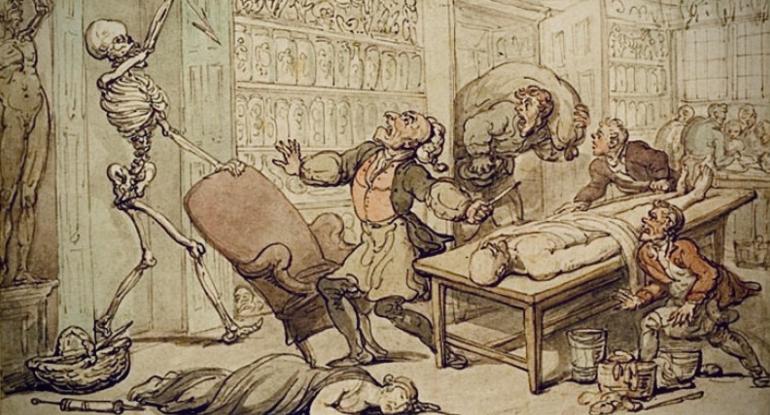 Body snatching, murder and anatomy Image of men around a dissection table and another entering with a body in a sack; a body is on the table, a woman lies unconscious on the floor. A skeleton in the doorway wields a sharp implement and the men look up at it in horror