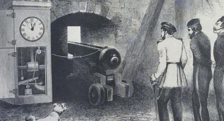 Etching showing one o'clock gun at Edinburgh Castle 