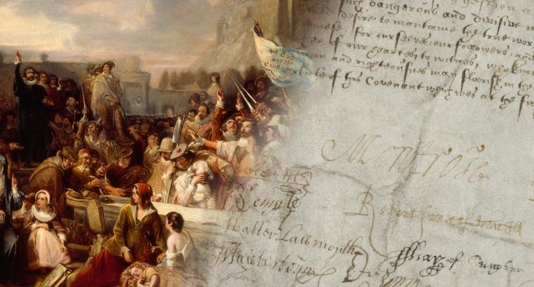 "The Signing of the National Covenant in Greyfriars Kirkyard", by Sir William Allan, oil on canvas, c. 1893 A blended image showing a painting of a group of people in a churchyard signing a document with Edinburgh Castle in the background, fading into a detail view of a document with old handwriting and signatures including "Montrose"