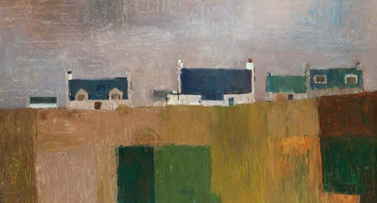 A painting by Donald Smith in earthy colours of a row of cottages