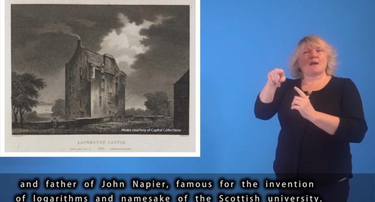 Picture of lady signing in BSL in front of a historic image of Lauriston Castle.