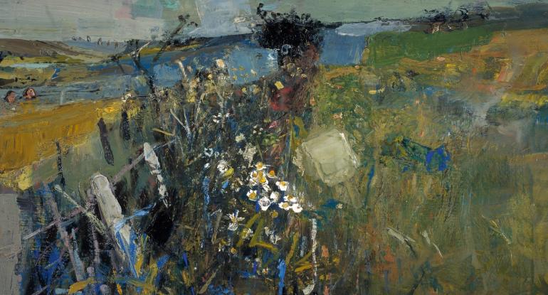 Deatil of the Painting July Fields by artist Joan Eardley - grasses in a  field lead the eye to the sea beyond. 