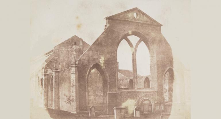 A sepia photo of the ruins of Old Greyfriars Church