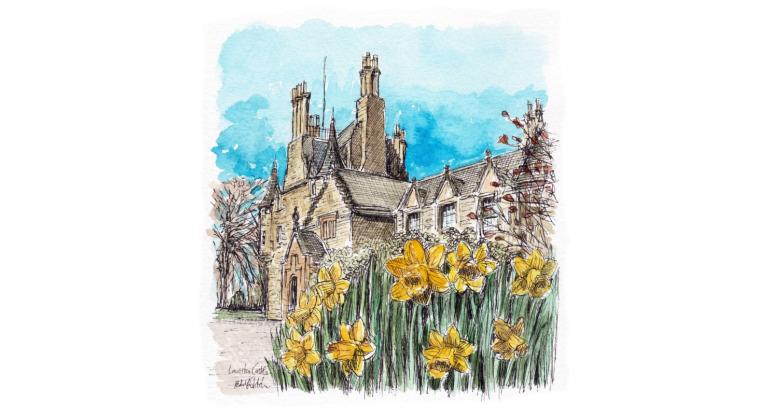 A watercolour sketch of the front of Lauriston Castle with daffodils