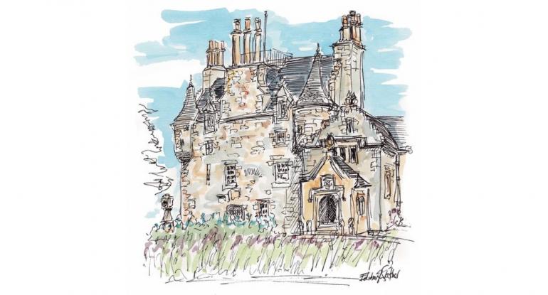 A watercolour sketch of the exterior of Lauriston Castle