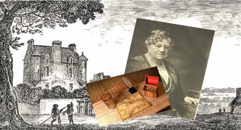 An etching of Lauriston from 1775, a photo of Mrs Reid, a photo of a treasure map and box