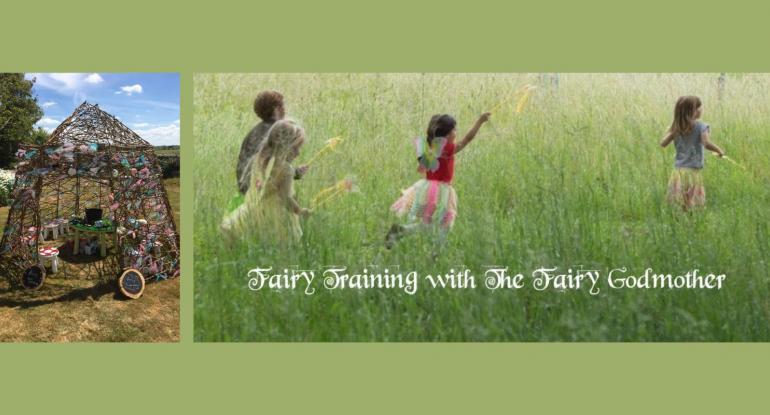 A photo of children running through grasses with text saying 'Fairy Training with the Fairy Godmother'