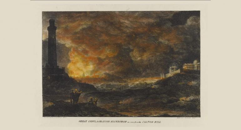 Painting of the Great Conflagration as seen from Calton Hill, with Nelson Monument to the left