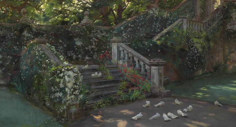 Staircase covered in white clematis with white doves