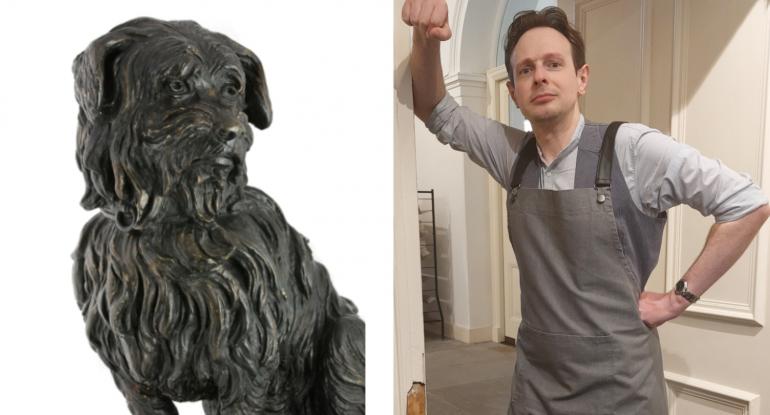 A statue of Greyfriars Bobby and a photo of a person standing leaning against a wall