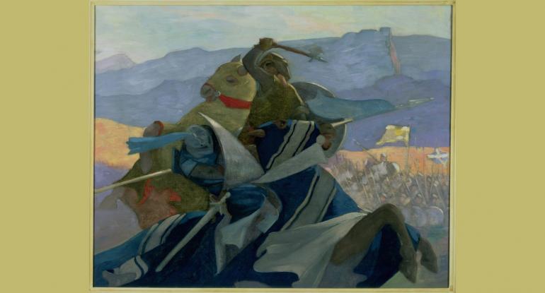 Robert the Bruce Robert the Bruce on horseback on the battle field; the horse is draped in the Saltire