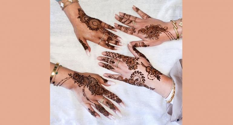 Henna Two pairs of hands decorated with henna against a white background