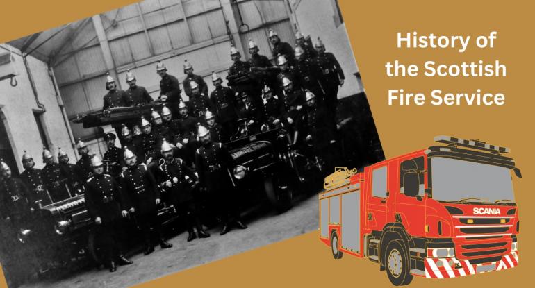 An image of a contemporary fire engine and historical photograph of firefighters