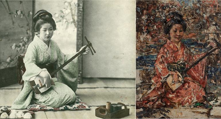attributed to Tamamura Kōzaburō, before 1921, Yokohama shashin print, National Trust for Scotland A Japanese musician playing a shamisen, E. A. Hornel, c.1921–25, oil on canvas, National Trust for Scotland