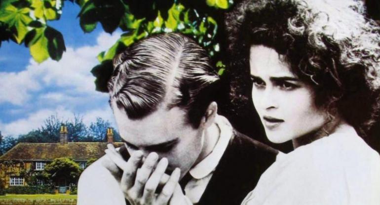 Black and white still from Howards End movie of Helena Bonham Carter and another actor, superimposed of a colour shot of the house framed by trees