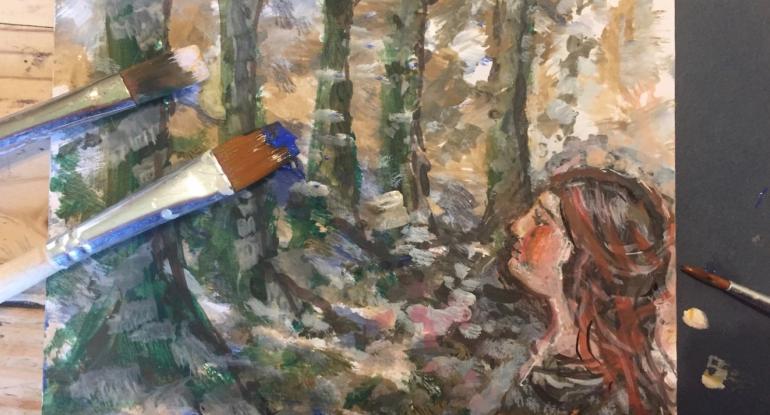 A painting of a girl looking into a forest of trees