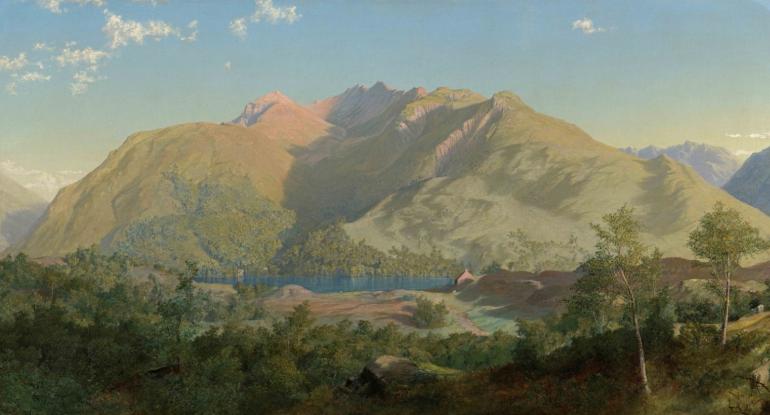 Painting of mountains with a small house and lake in middle ground and trees in foreground 