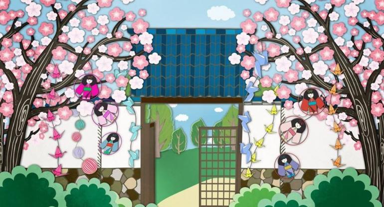 A stylised  building surrounded by cherry trees in blossom and bushes