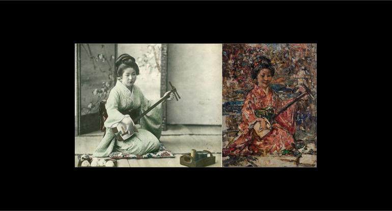 Japanese woman playing a shamisen