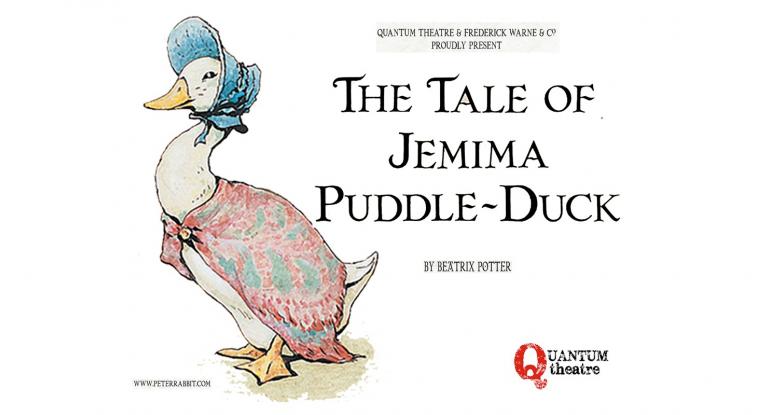 Jemima Puddleduck - wearing a blue bonnet and a pink and blue shawl