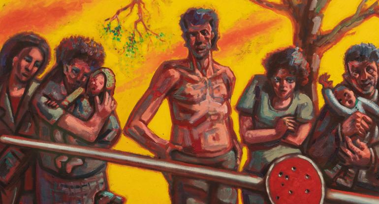 Painting by Peter Howson - several people stand behind a barrier against a bright yellow background 