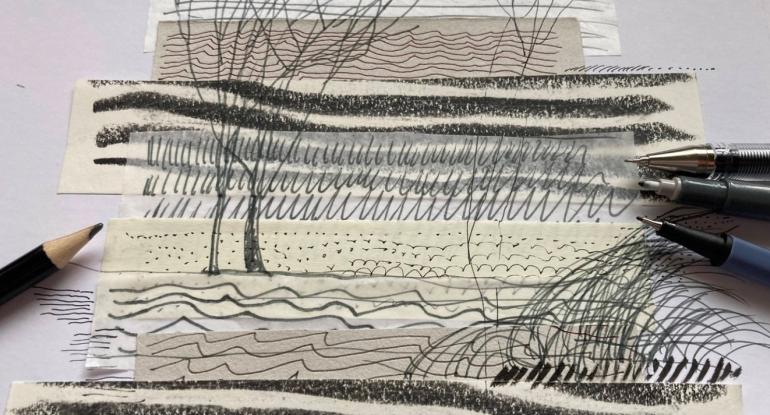 Strips of tape on white paper marked with black pen, pencil and chalk lines to denote landscape features