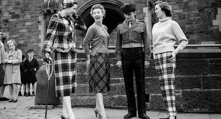 Historical Photo - Scottish Fashion Festival - 3 models at Edinburgh Castle wearing tartan