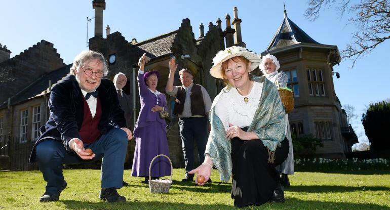 Drama group with easter eggs at Lauriston Castle
