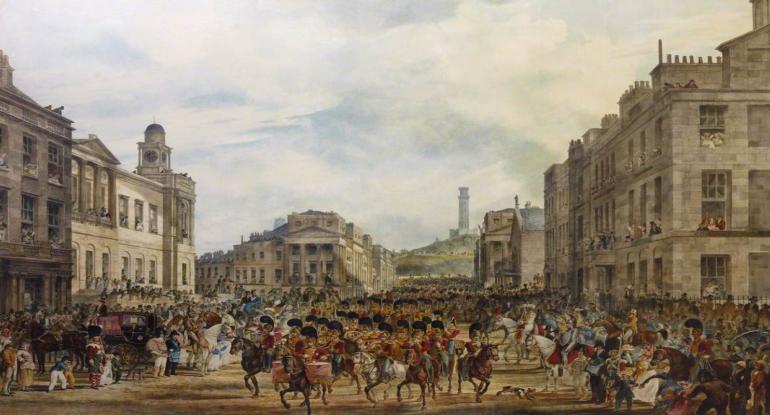 Painting shows crowds of people enjoying the procession of George IV entering Princes Street, Edinburgh in 1822