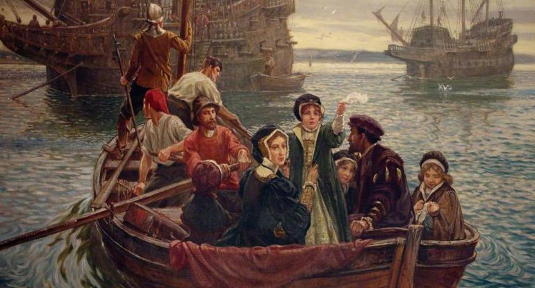 Mary Queen of Scots and others in a boat being rowed out to one of two large ships in the backgroound