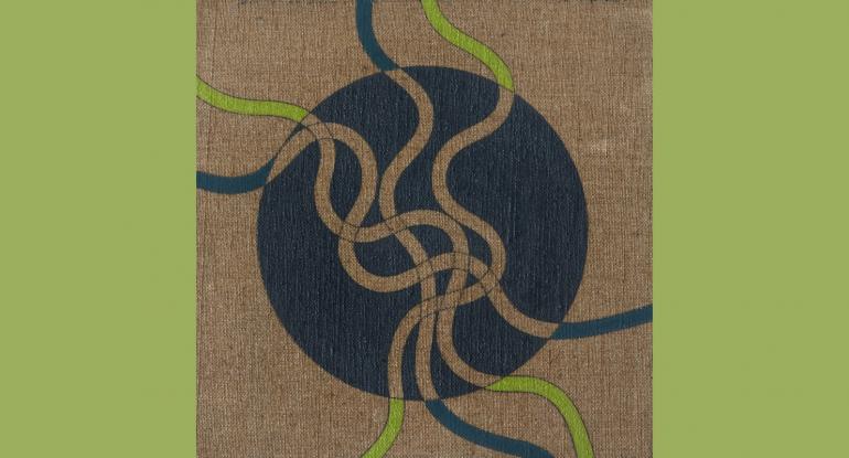 A black circle on a hessian background with flowing lines cut out of it, which turn black or neon green outwith the circumference of the circle