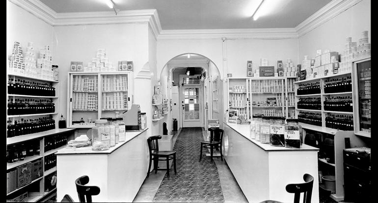 Interior of an Edinburgh herbalist shop - historical image