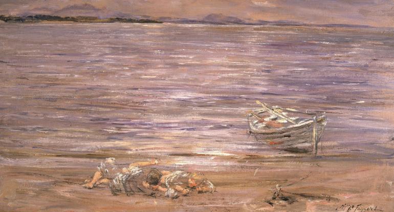 The sea and sky are painted in shades of pinks, blues and purple. Hills are in the distance and a fishing boat is in the foreground tied by the shore - two people lie on the beach.