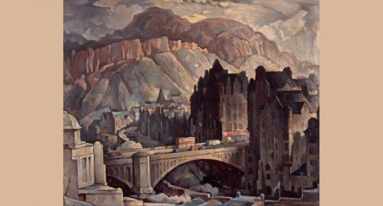 Painting of North Bridge with Salisbury Crags behind