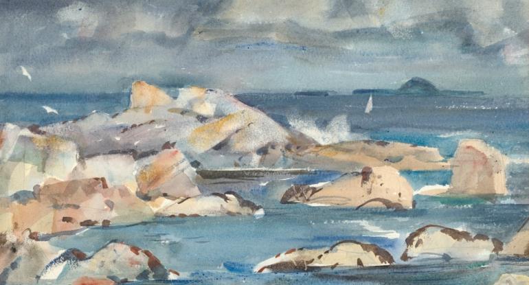 North End, Iona, in fitful sunlight The seashore on the north side of a cloudy Iona, with rocks in the foreground and the white sail of a yacht out at sea with hills beyond