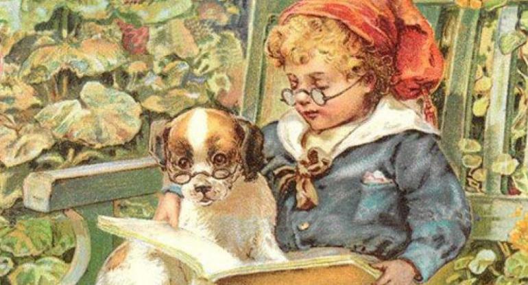 Illustration in pencil of a boy with his arm around a puppy with glasses on.