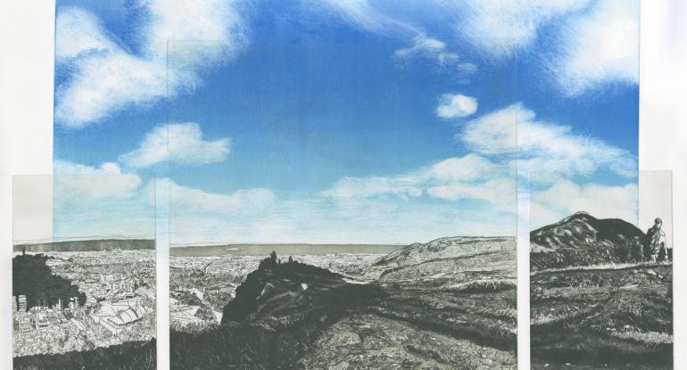 Blue sky with clouds, three shots beneath of a snowy, barren landscape