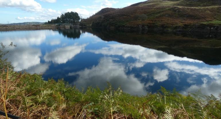 A landscape photo of bracken, water reflecting a blue, cloudy sky, hills and trees beyond
