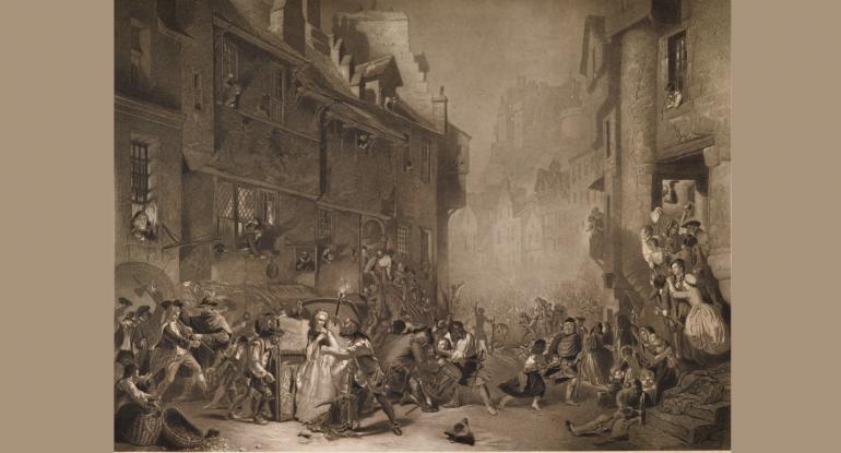A sepia engraving of a riot in a narrow street, while peole look on from their windows and stairwells
