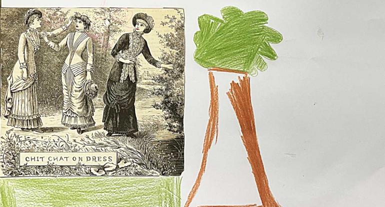 print image of 3 ladies in Edwardian dress alongside drawing of a tree