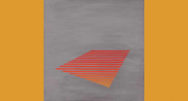 Against the dying of the light Stripes against a grey background forming a bent diamond and changing in colour from yellow at the front to dark red at the back.