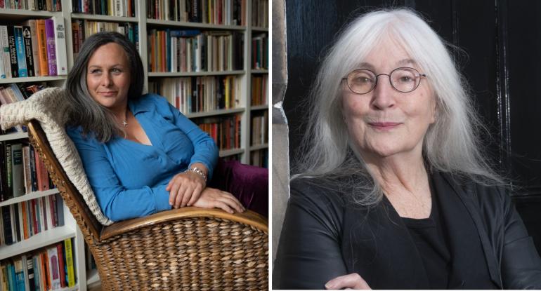 Sara Sheridan wearing a blue top and a mulberry skirt reclining in an arm chair plus Leslie Hills, dressed in black in front of a black door