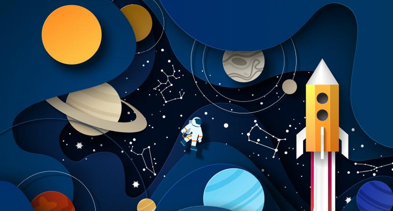 A collage of planets, constellations, an astronaut and a rocket