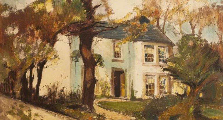 Swanston Cottage A white two-storey house with bay windows, a curved path leading downhill, and surrounded by trees mostly in leaf