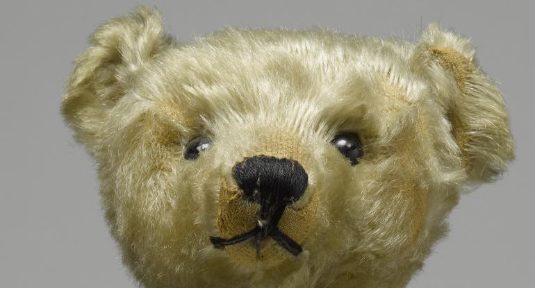 Close up of the head of a light brown teddy bear