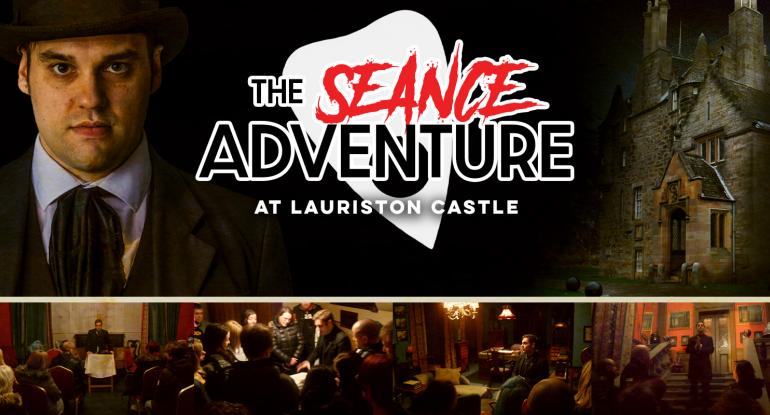 Photo and advert for performer Ash Pryce with title text The Séance Adventure at Lauriston Castle 