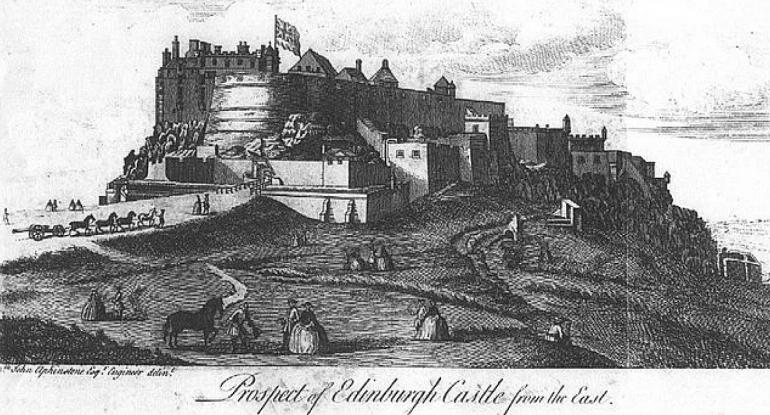 Black and white sketch of mediaeval Edinburgh Castle from the east