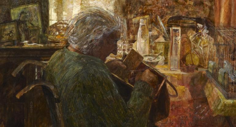 Detail from the Last Portrait of Jenny Armstrong showing an elderly woman sitting in a wheelchair and browsing through her handbag. In the room is a bird cage with a budgie, a table with breakfast paraphernalia and a cupboard with pictures on top